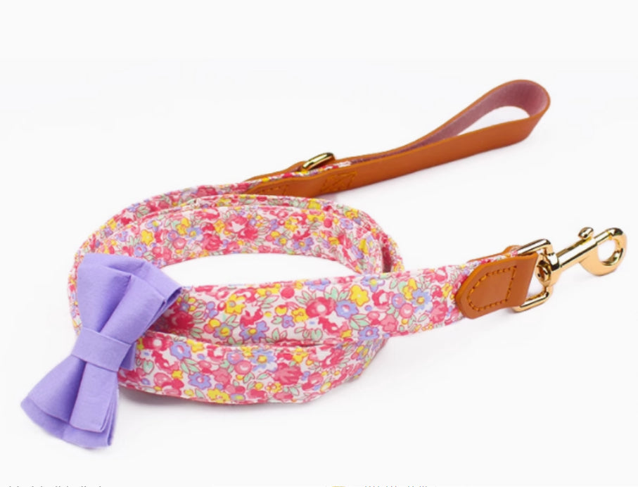 Cowhide Stitching Floral Cotton Pet Dog Collar Hand Holding Rope