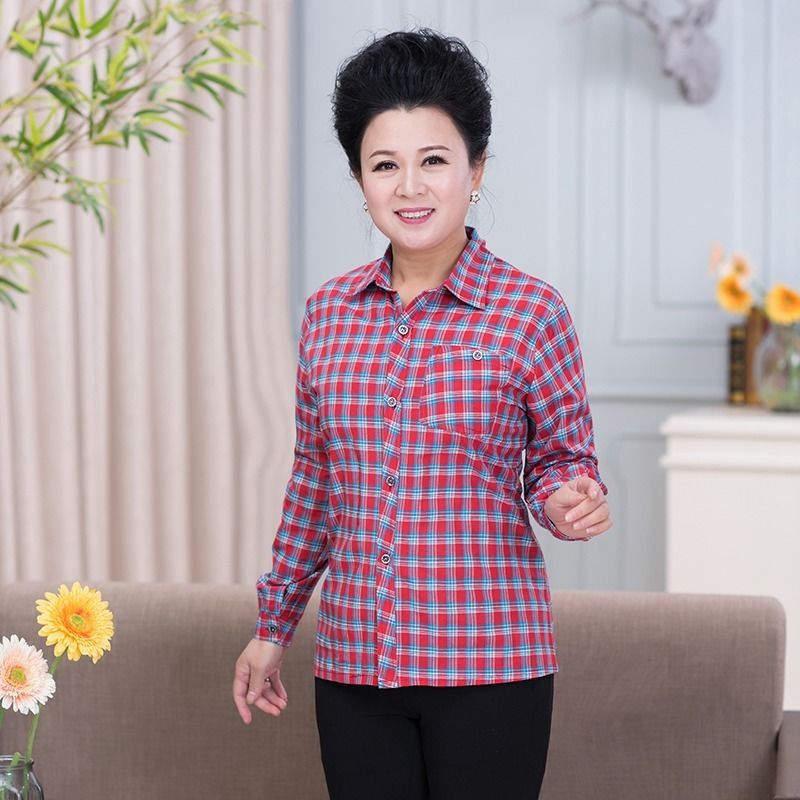 Middle-aged And Elderly Women's Loose Long-sleeved Slim-fit Plaid Shirt