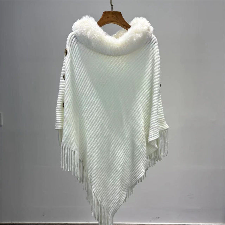 Fur Collar Shawl Knitted Lady Temperament Warm Thick Loose Tassle Fashion Atmosphere Cape