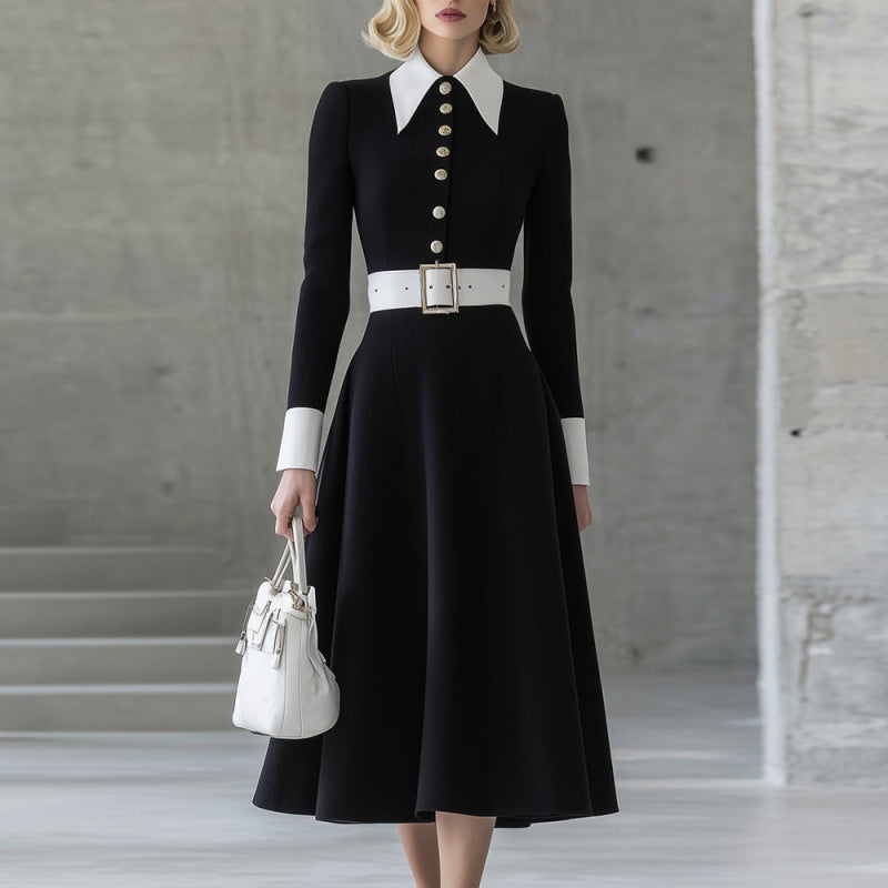 Womens Slimming Long Sleeve Dress With A Turn Down Collar