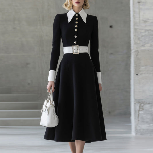 Womens Slimming Long Sleeve Dress With A Turn Down Collar