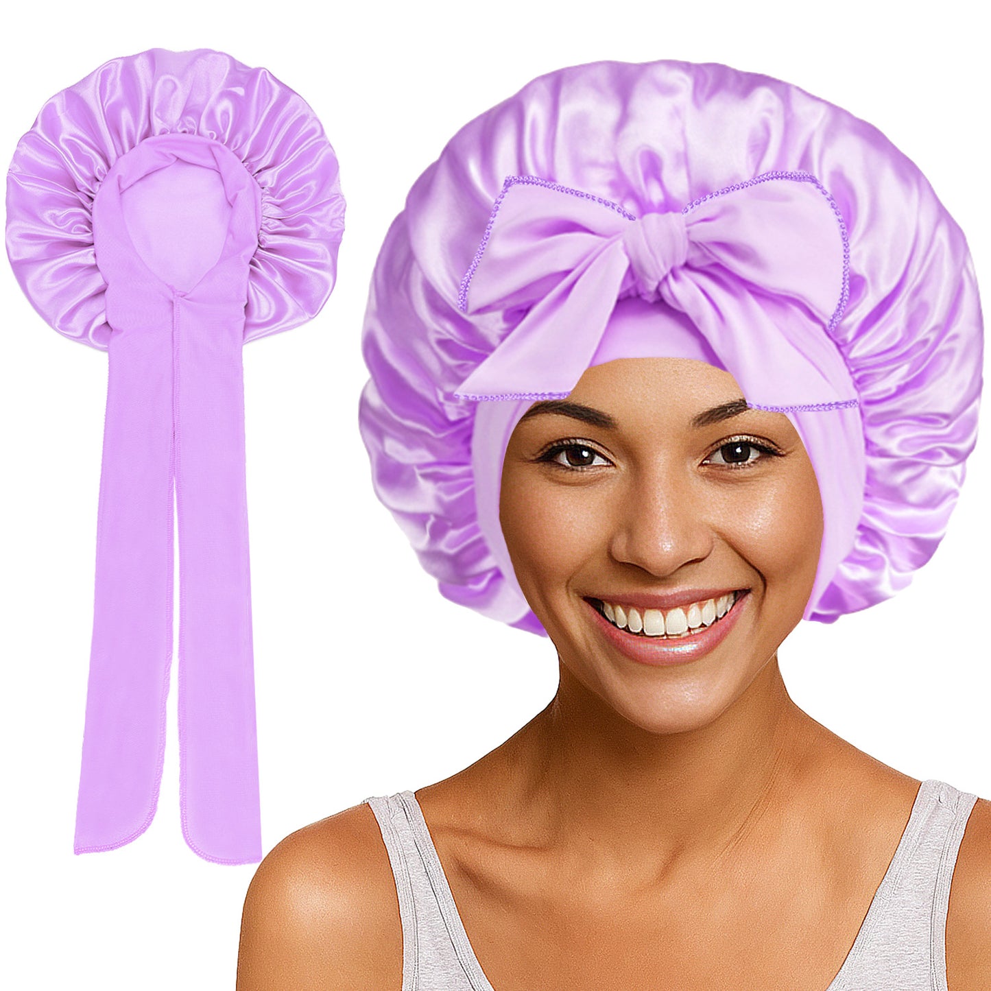 Satin Round Cap Bow Elastic Wide-brimmed Ribbon Nightcap