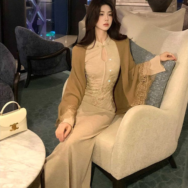 Stand Collar Embroidered Knitted Long Dress Cardigan Coat Women
