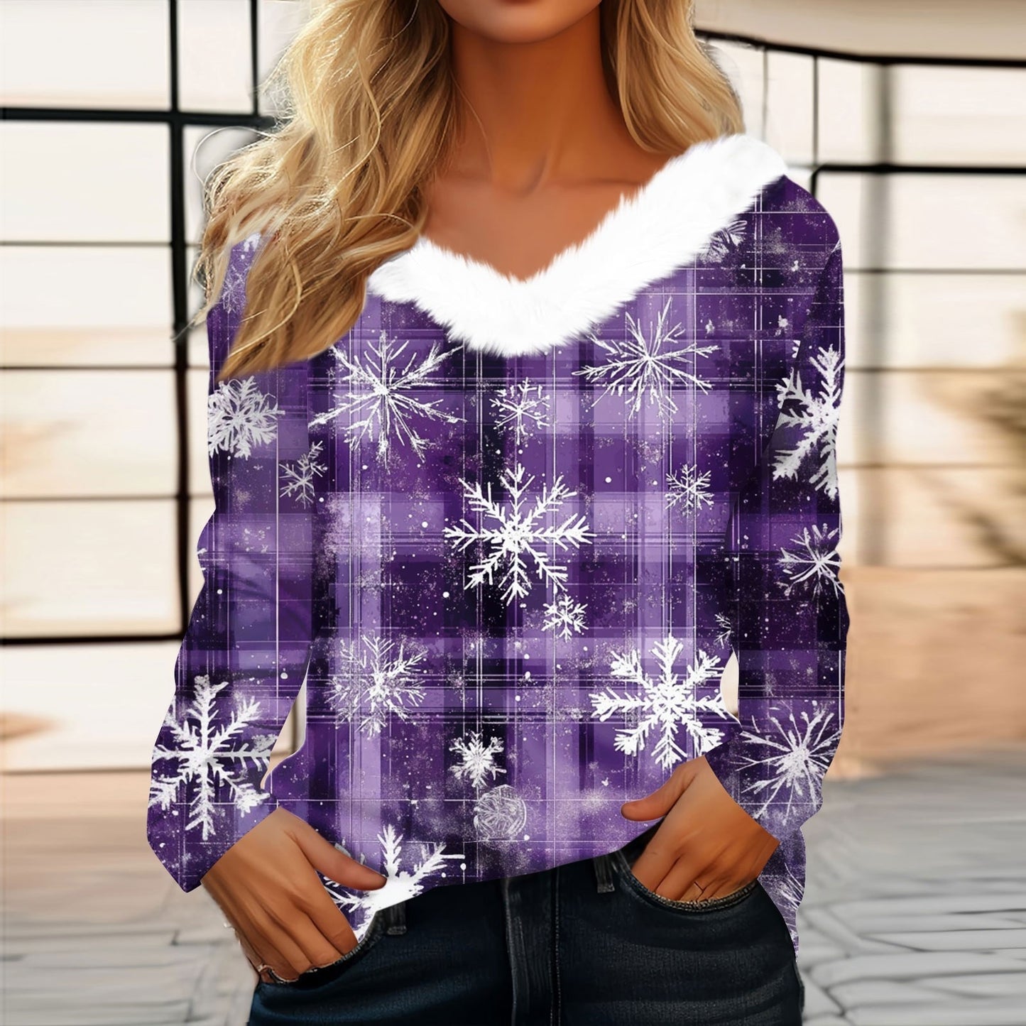 Women's Long Sleeve Christmas Print Party Furry Collar V-Neck Top