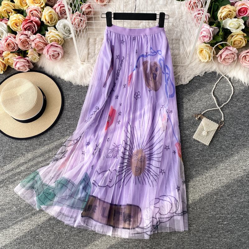 High-Waisted Slimming A-Line Maxi Skirt With Floral Print And Mesh Fabric