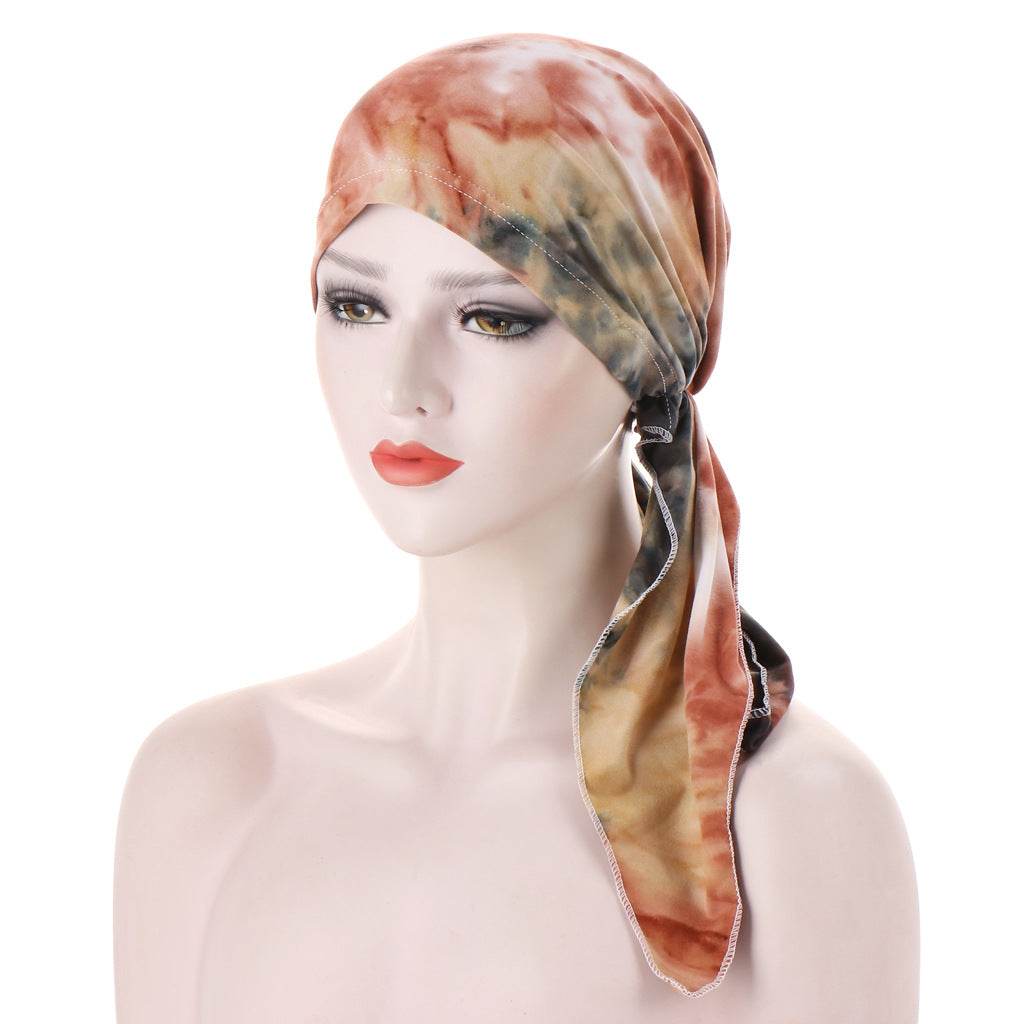 Curved Floral Fabric Two-tail Tie-dye Headscarf