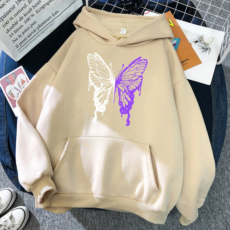 White And Purple Butterfly Pattern Hoodie