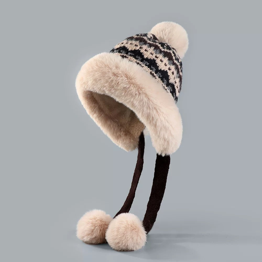 Retro Ethnic Style Plush Knitted Hat Women's Autumn And Winter Cold Protection Earflaps Woolen Cap