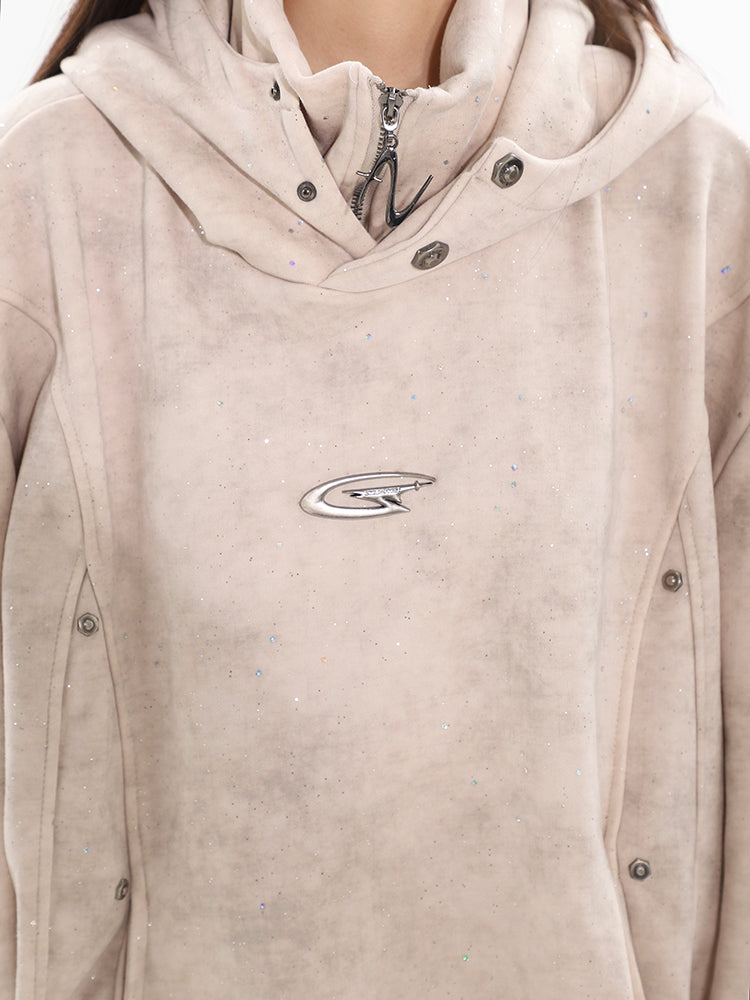 Hooded Sweater Double-layer Turtleneck Metal Pleated Couple's Tops