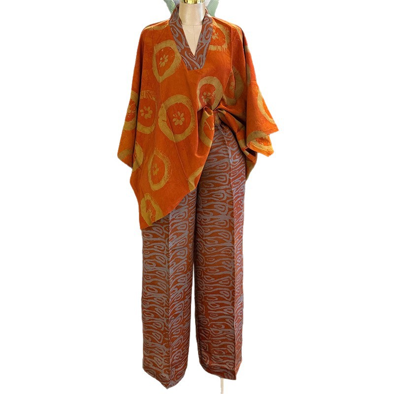 Sweet And Fresh V-Neck Batwing Sleeve High-Waist Straight-Leg Pants