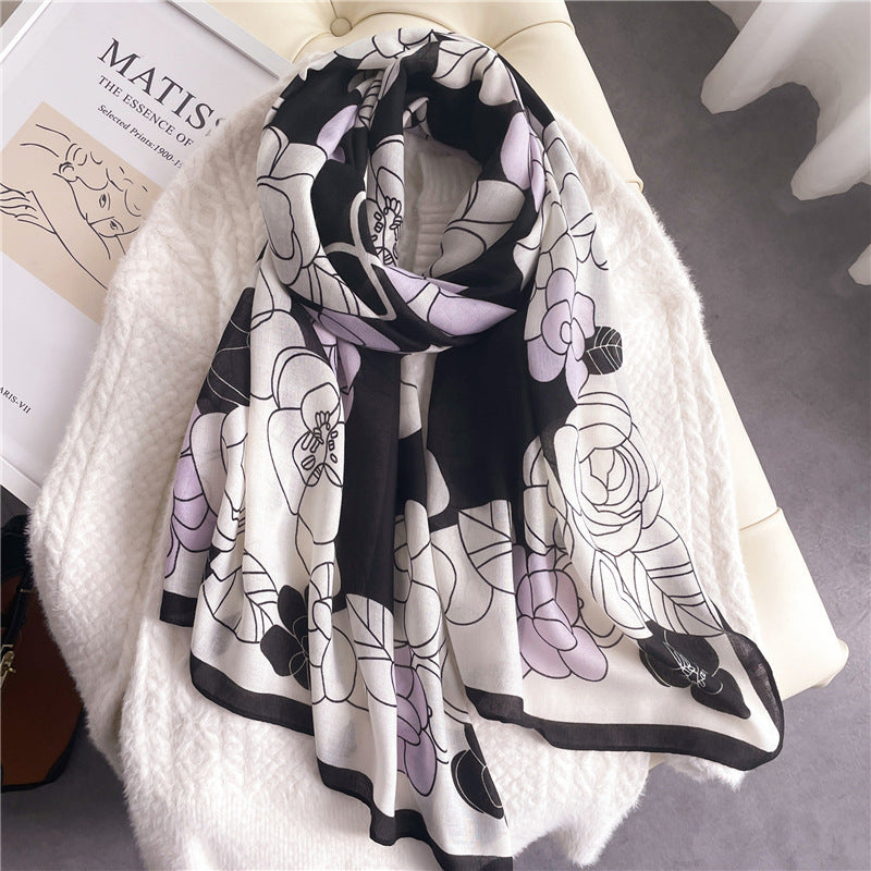 Elegant Floral Shawl In Cotton And Linen