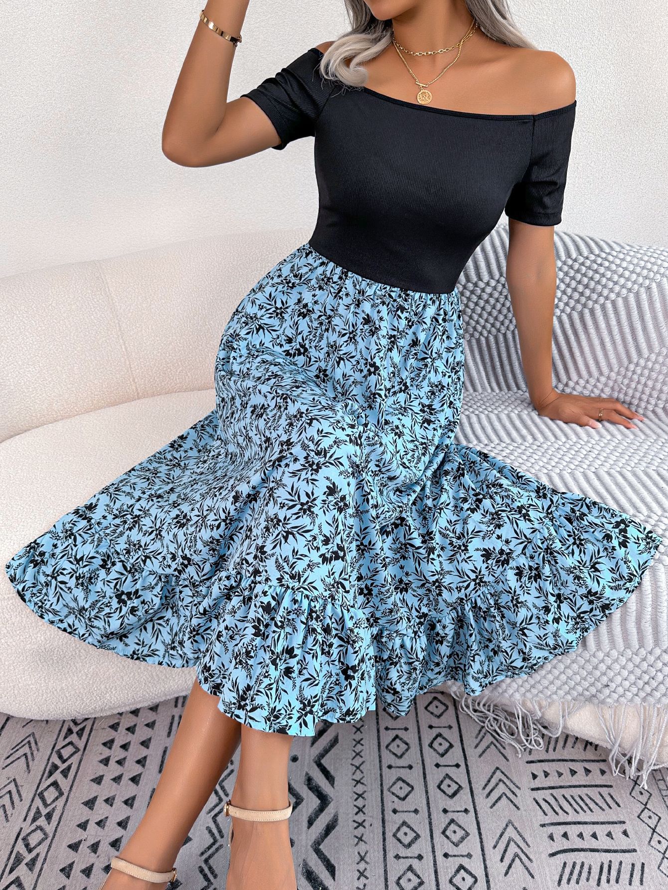 Women  Casual Off Shoulder Floral Print Ruffle Midi Dress