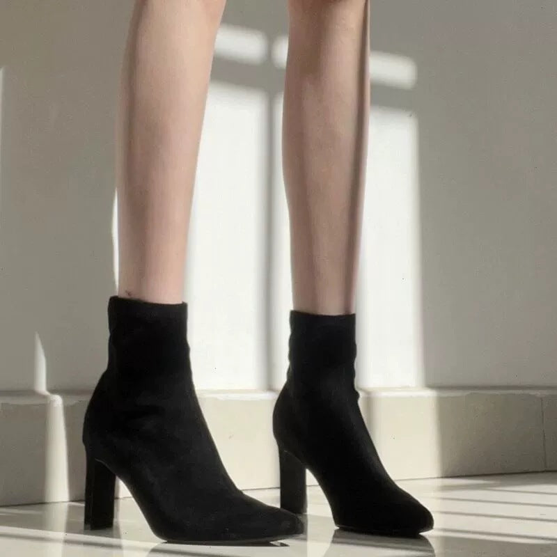 Suede Pointed Ankle Boots Chunky Heel