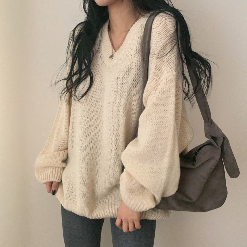 Women's V-neck Solid Color Pullover Long Sleeve Sweater
