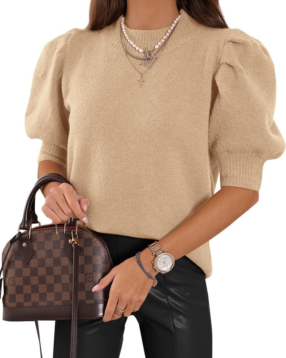 Half Turtleneck Lantern Sleeve Sweater Short Sleeve Pleated Sweater