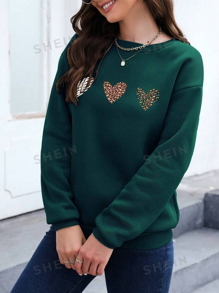 Essnce Leopard Heart Print Drop Shoulder Sweatshirt