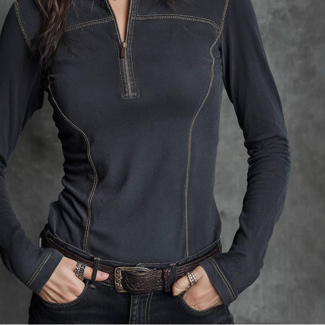 Women's Retro Stand Collar Half-Zip Long Sleeve