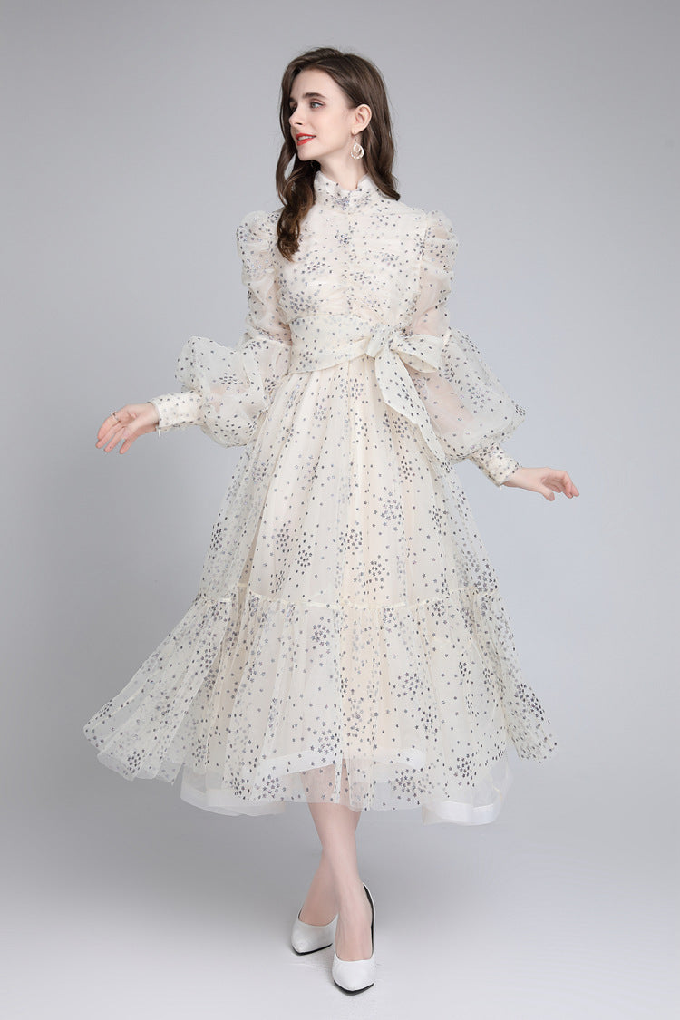 Women's Mesh Star Shiny Silk Print Waist Wrapping Slim Dress