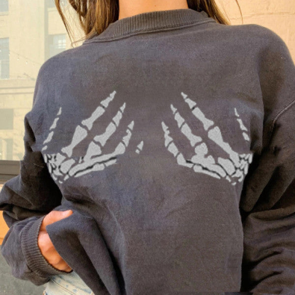Ny mode sweater kvinde hvid knogle håndprint løs