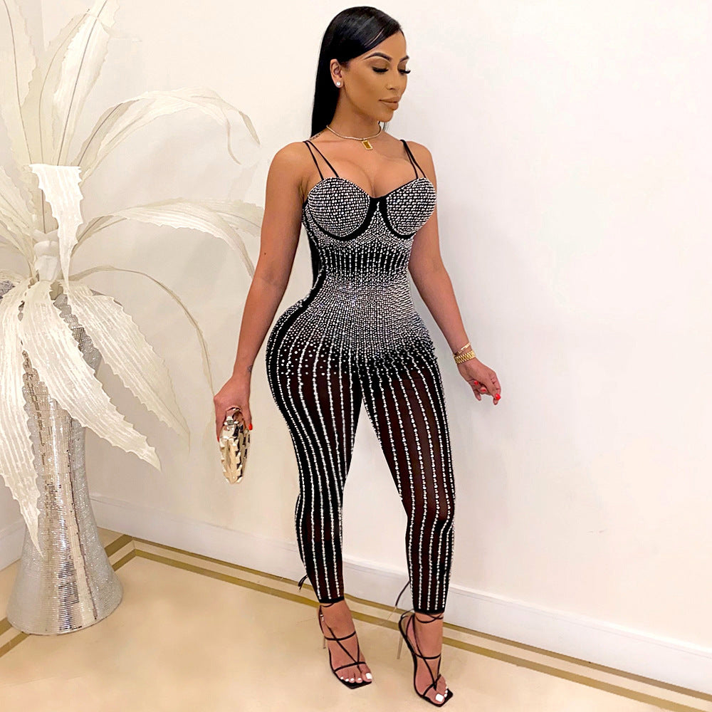 Sexy Mesh See-through Rhinestone Sleeveless Suspender Jumpsuit For Women