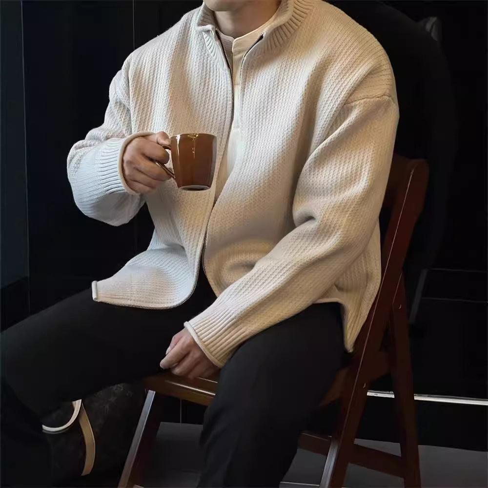 Herre Strikket Cardiganjakke med Høj Krave Vintage Sweater