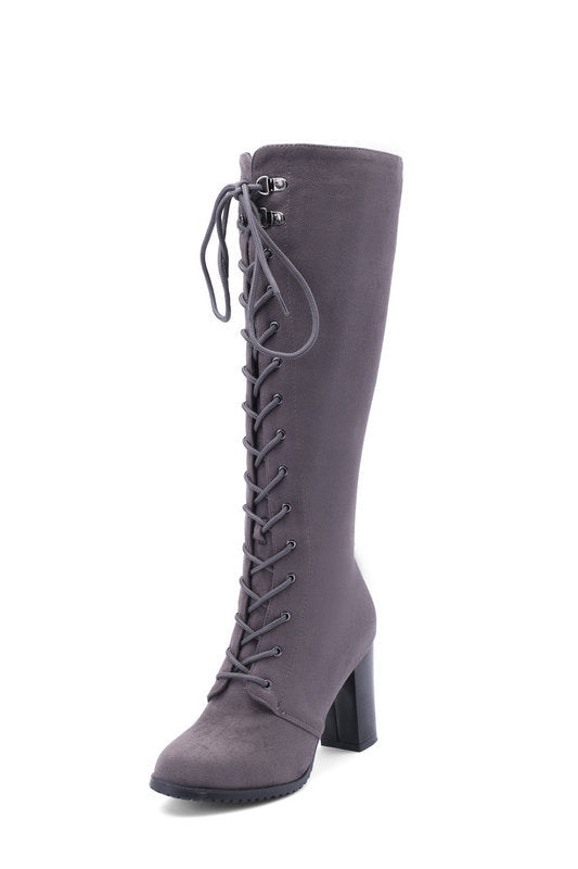 Women's High Boots Foreign Trade Thick High Heel Winter New European And American Women's Boots Front Lace Handsome Suede Knight Boots Motorcycle Boots