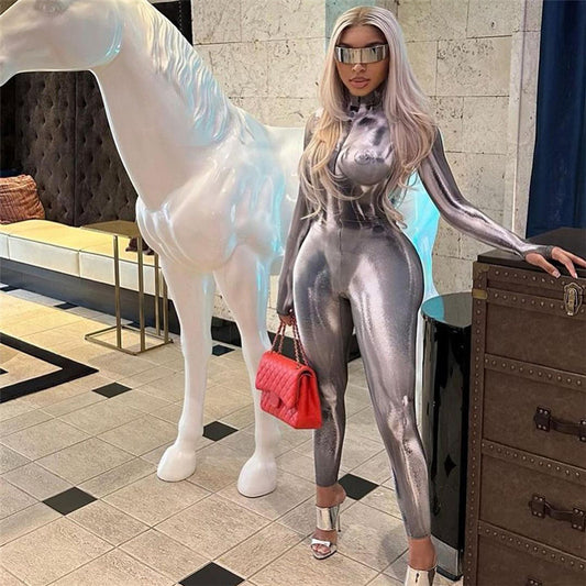 Women's Fashion Casual Long Sleeve Digital Printing Slim Fit High Top Sports Jumpsuit