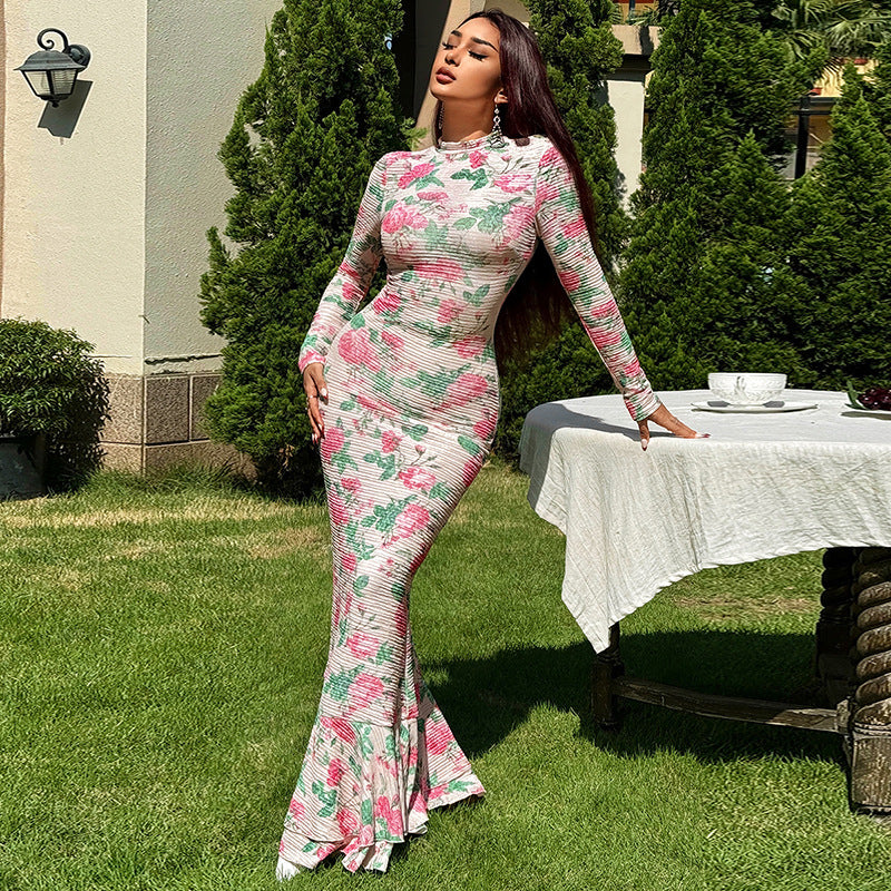 YJ24427 Elegant Long-Sleeved Slim-Fit Long Printed Dress
