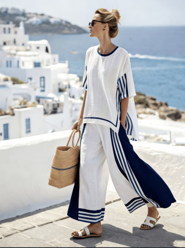 Cotton And Linen Contrasting Striped Vacation Set