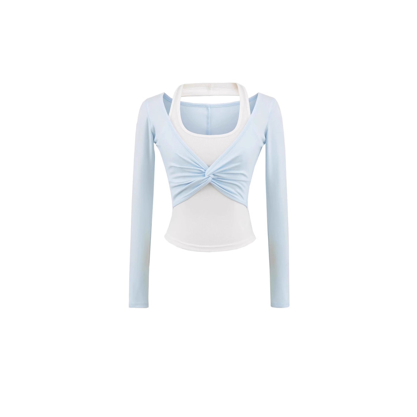 Women's Halterneck Colorblock Fake Two-Piece Long-Sleeve Top