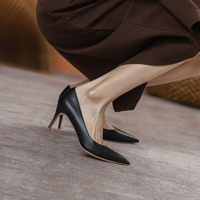 French Pointed High Heel Shoes Black Work Temperament Wide Feet