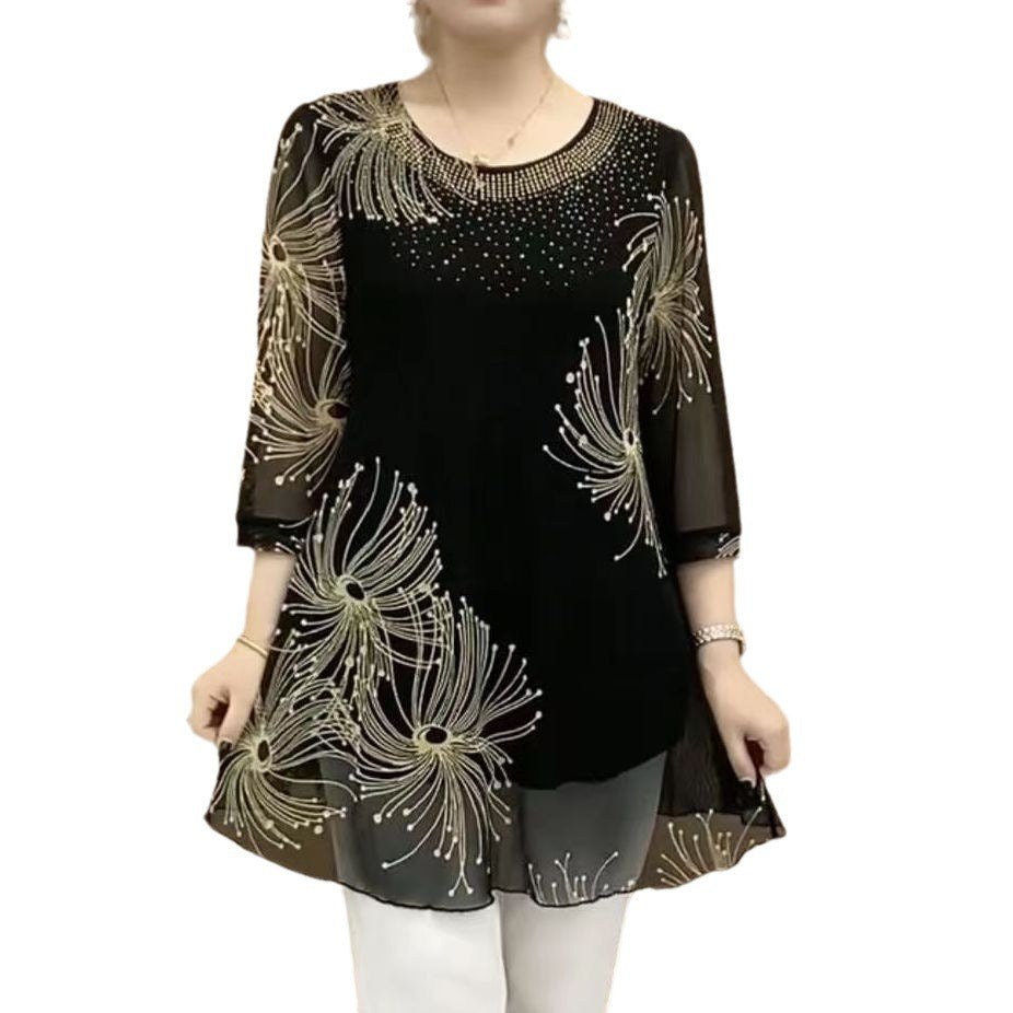Three-quarter Sleeve Mesh T-shirt High-end Shirt Middle-aged Mom Summer Round Neck Half-open Collar Hollow Out