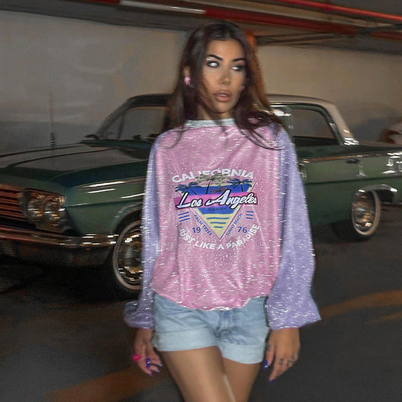 Color Matching Printed Long-sleeved Top Women