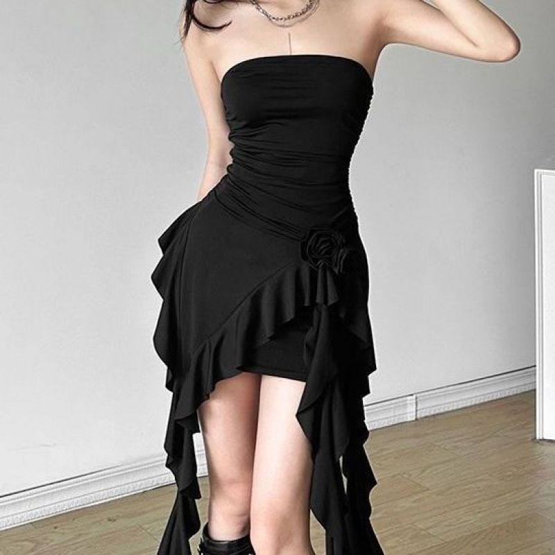 Floral And Lotus-leaf-trimmed Patchwork Tube Top For Women RuchedFigure-flattering Asymmetrically Designed Spicy-girl Top