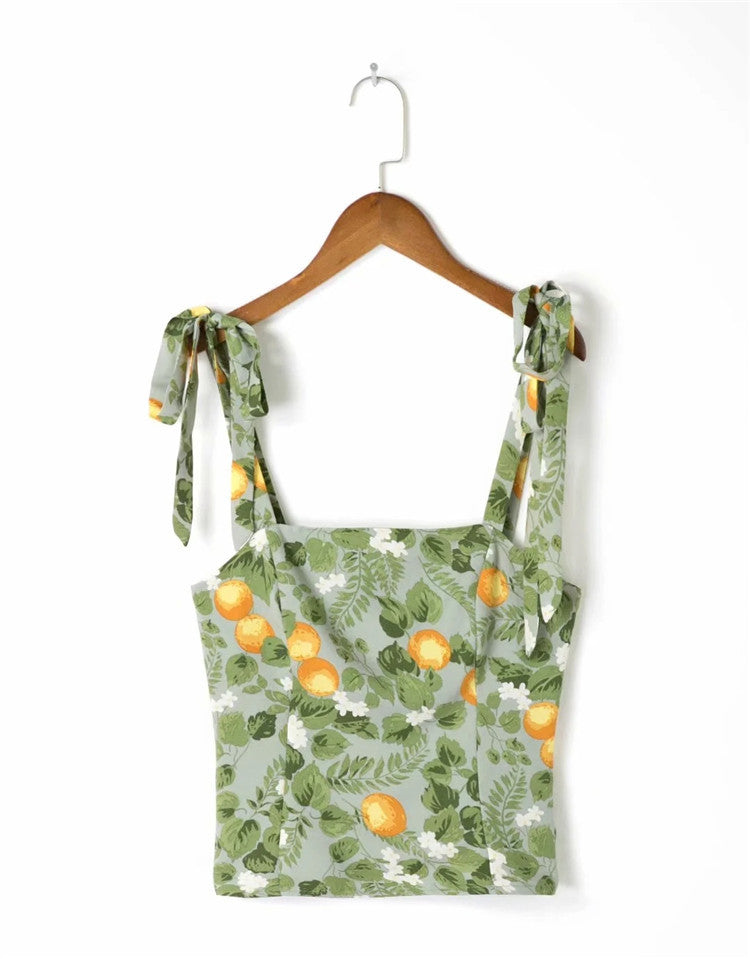 French Vintage Sweet Print Camisole Slim Fit Cropped Tank Top