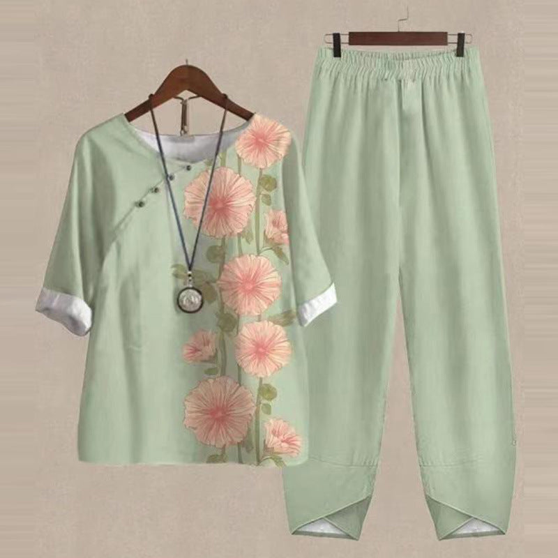 Women's Spring Five-quarter Sleeve Printed Top Two-piece Pants