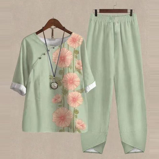 Women's Spring Five-quarter Sleeve Printed Top Two-piece Pants