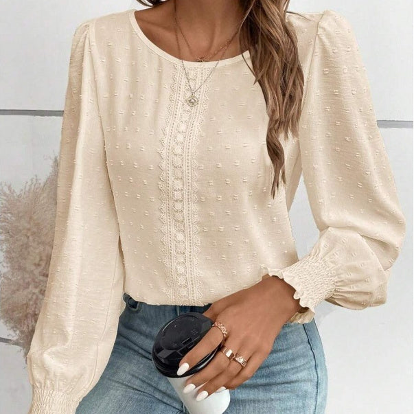 Womens Casual Top With Dotted Lace Trim And Lantern Sleeves