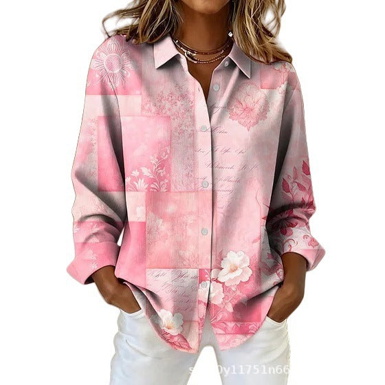 Womens Plaid Floral Print Long-Sleeve Blouse
