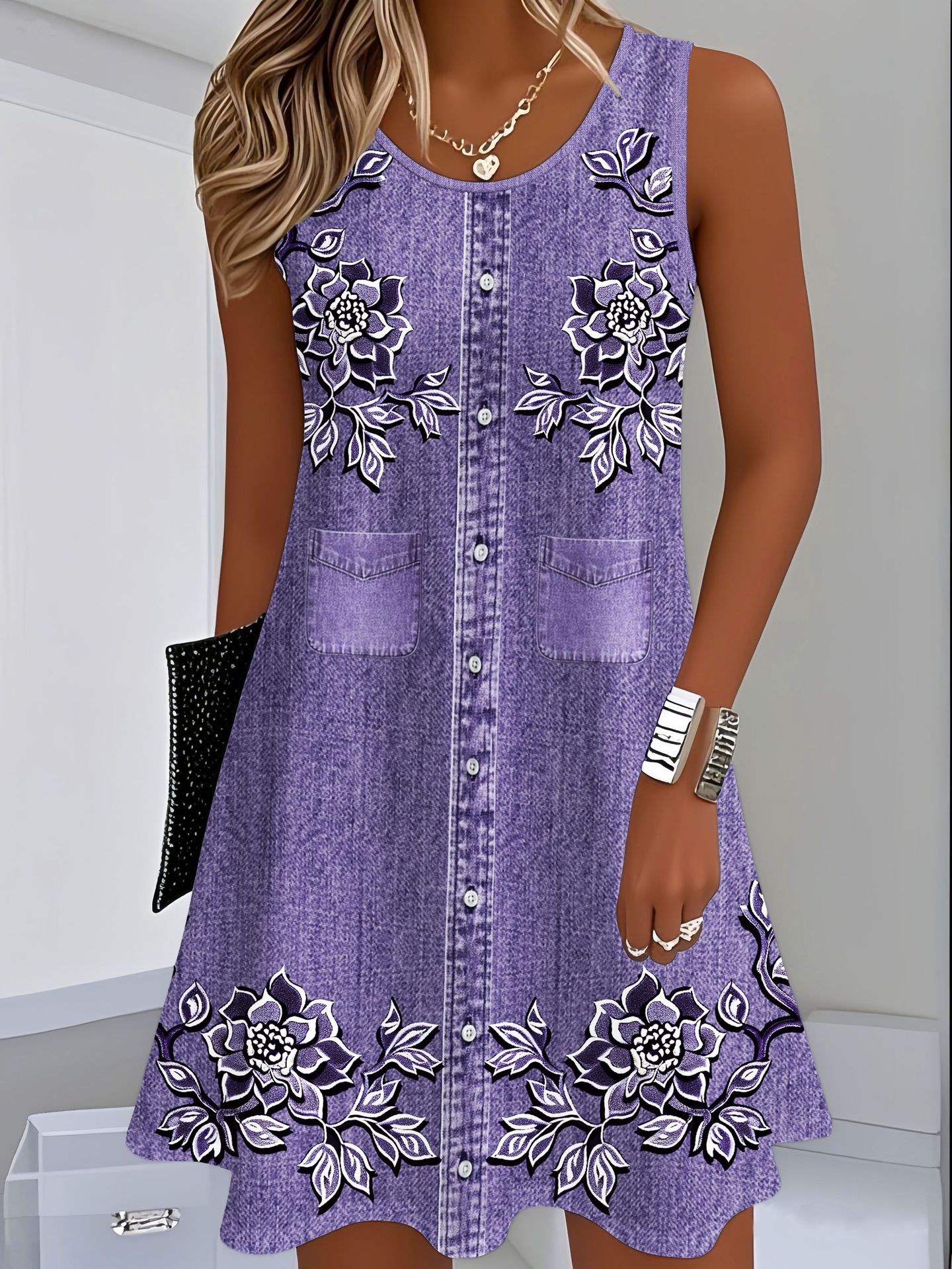 Sleeveless Straight-cut Loose-fitting Digital-print Slip Dress