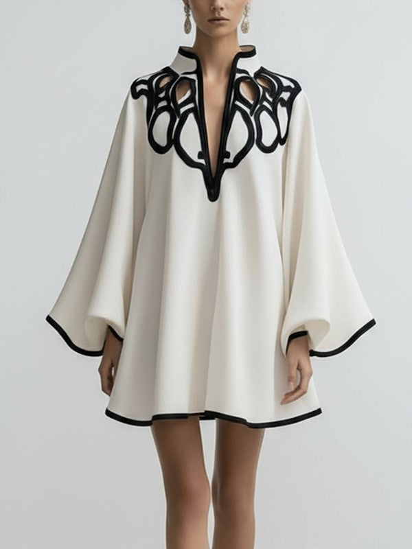 Loose-fitting Color-block V-neck Fashion Dress With Lace Trim
