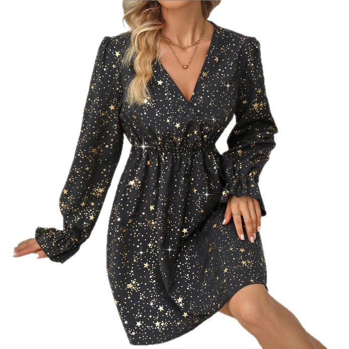 Women's V-Neck Long-Sleeve Sequin-Print High-Waist Casual Dress