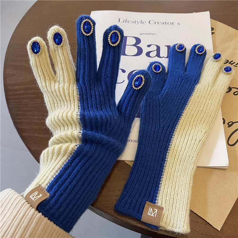 Design Sensitive Color Matching Knitted Rhinestone Gloves