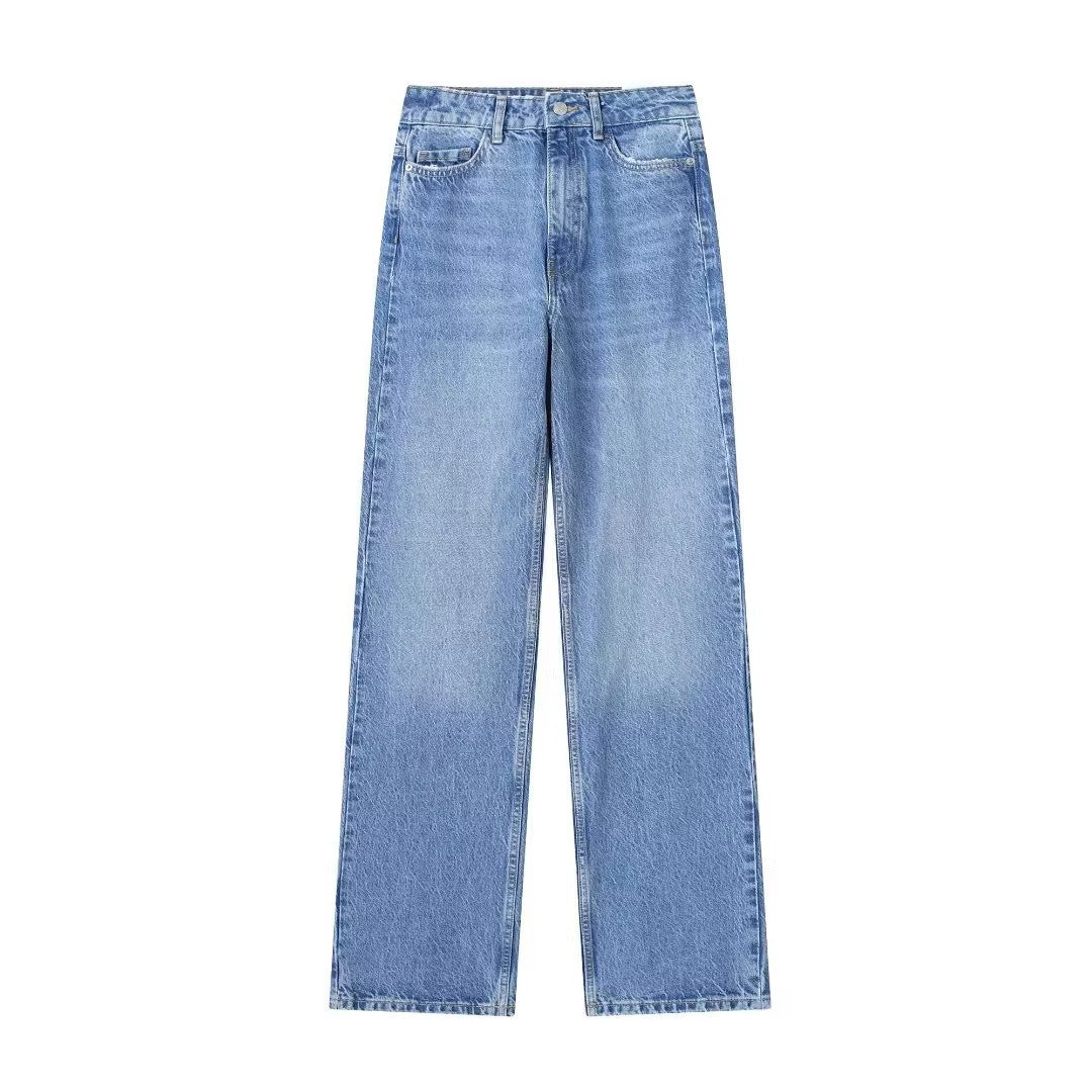 European And American Style High Waist Straight Long Jeans