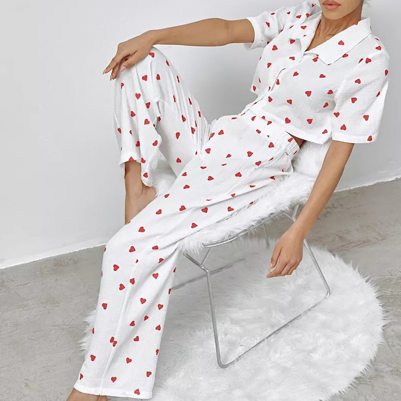 Heart-printed Crepe Cotton Pajama Pants And Short-sleeve Top Set
