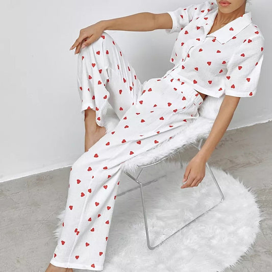 Heart-printed Crepe Cotton Pajama Pants And Short-sleeve Top Set
