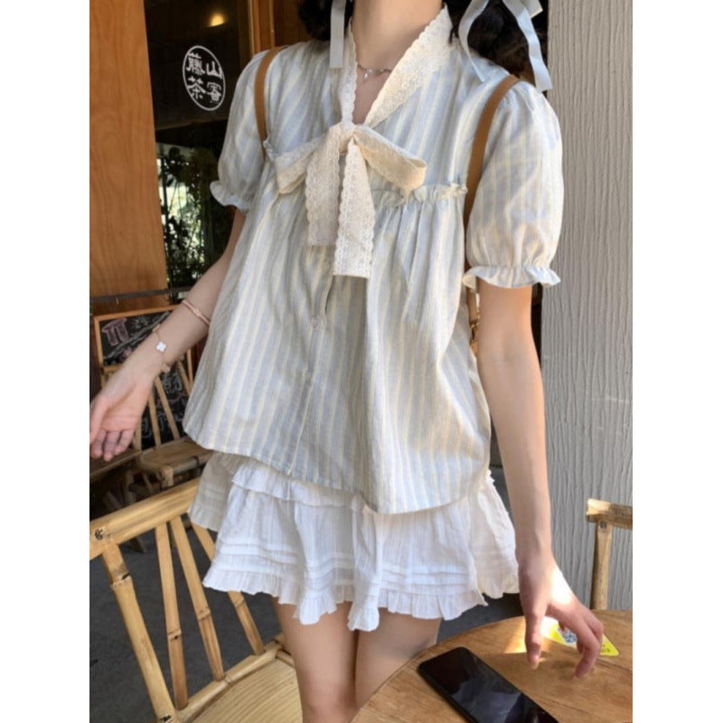 Bow Chic Lace Puff Sleeve Striped Shirt