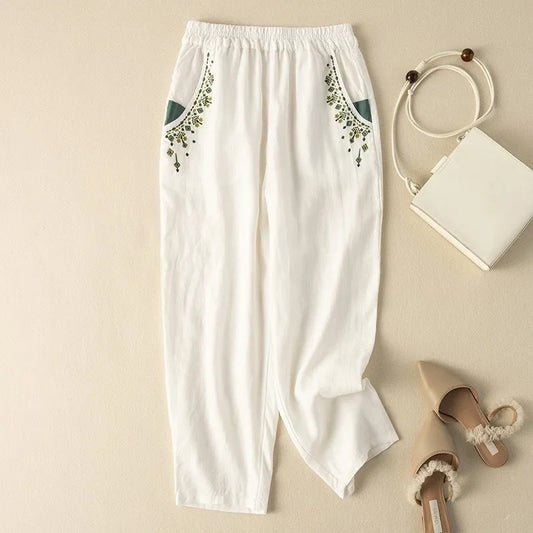 Cotton And Linen Embroidery Baggy Pants Pocket Loose All-matching