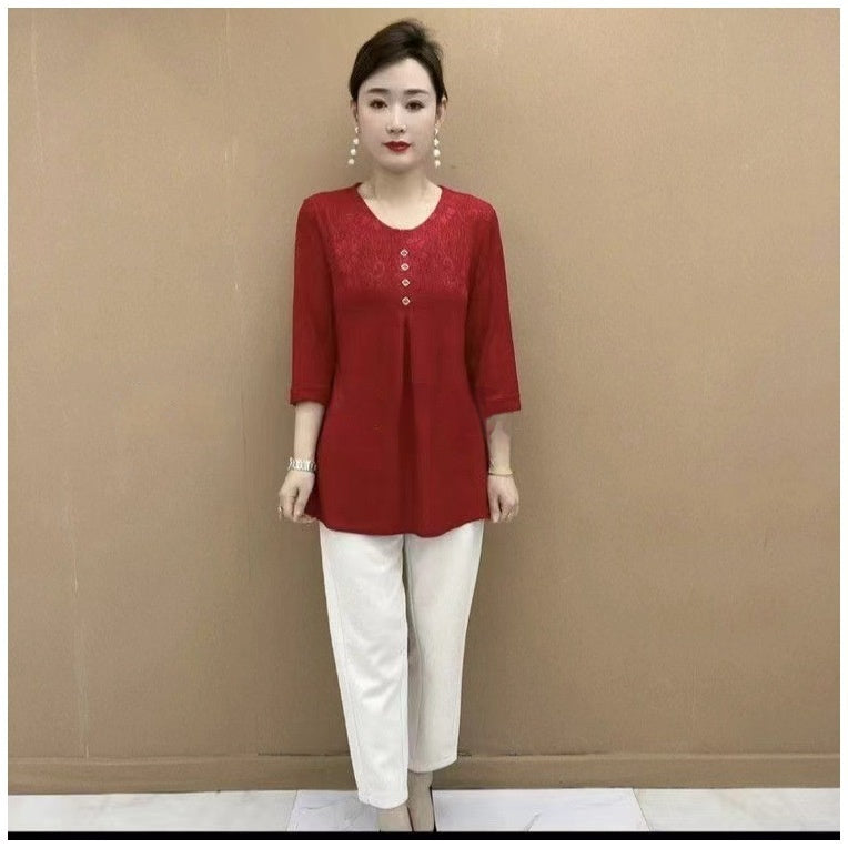 Three-quarter Sleeve Round Neck Jacquard Loose Oversized Shirt