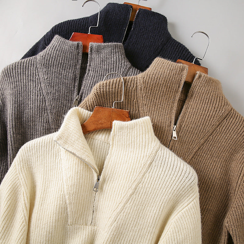 Soft Knit Fabric Men's Half-zip Sweater Solid Color Youth Knitwear